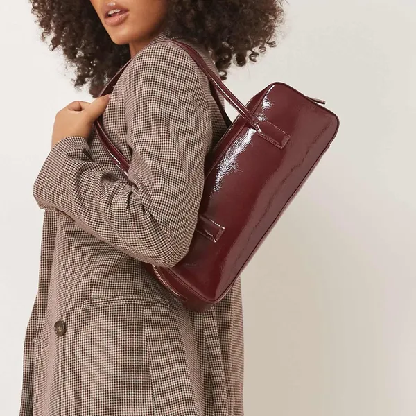 ASOS- burgundy patent faux leather elongated shoulder bag - Image 3