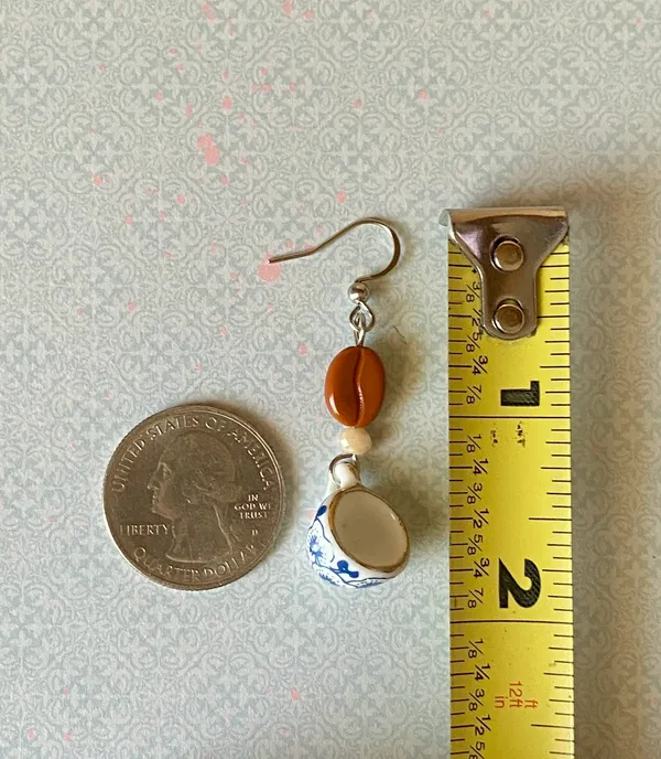 Handmade porcelain mug cup & coffee beans unique fun fairy antique style dangle earrings☕️🍃🌀 - Image 8