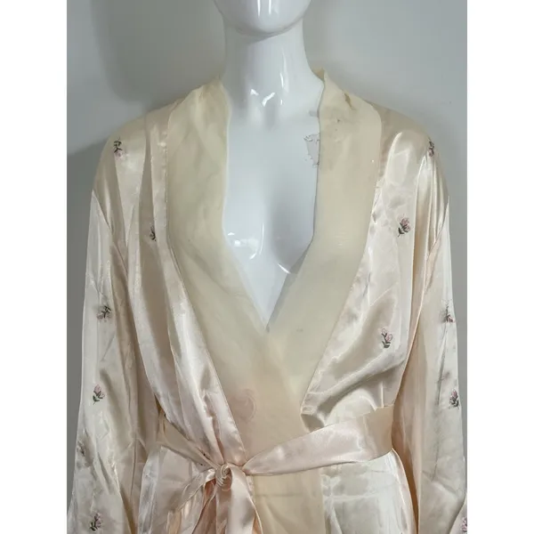 Morgan Taylor Women's Size XL Satin Cream Floral Kimono Robe Belt Embroidered - Image 4