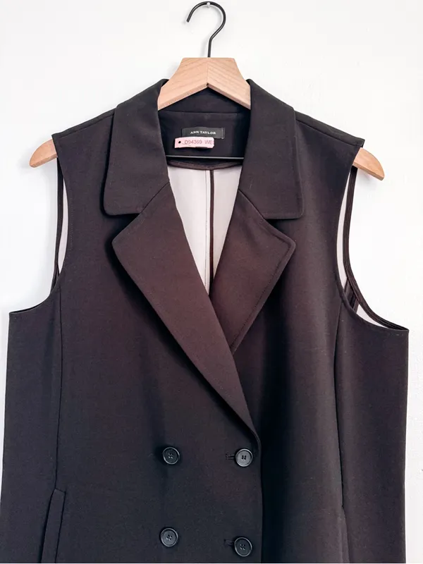Ann Taylor Black Double Breasted Longline Blazer Vest Sleeveless Jacket - Image 2