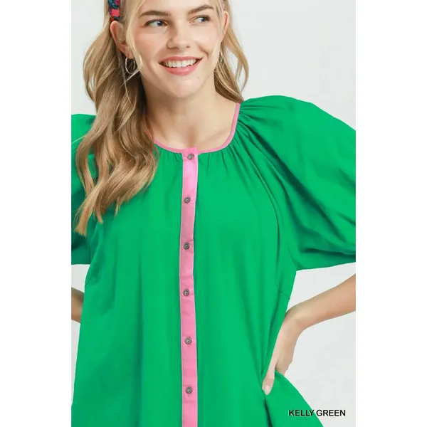 Umgee Contrast Trim Button Front Puff Sleeve Blouse - Kelly Green - Large - Image 4