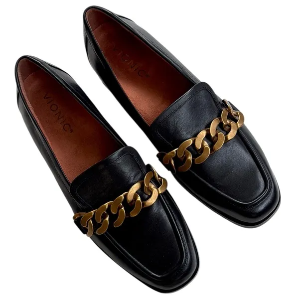 Like New Vionic Leather Mizelle Chain Link Loafers Black Size 6 Retail $139.95 - Image 2