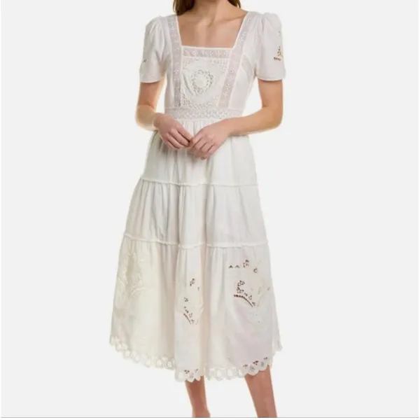 LoveShackFancy Prairie‎ Midi Dress True White Size 0 NWT - Image 3