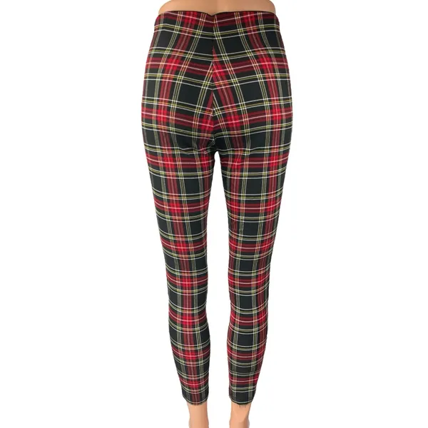 Zara Women's Red Plaid Checkered Zipper Front Skinny High Rise Legging Pants S - Image 3