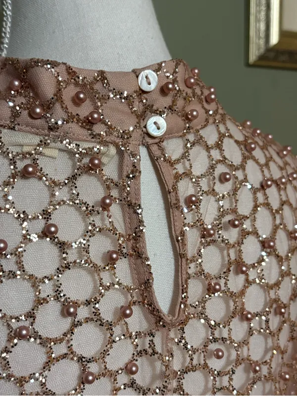 Anthropologie Blue Tassel Sheer Pearl Embellished Glittery Top size Large - Image 6