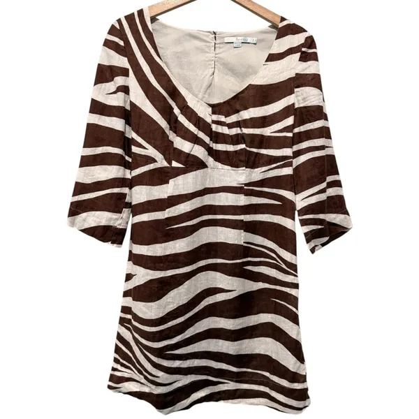 Boden 100% Linen Mini Shift‎ Dress Size 2 Brown Zebra Animal Print Safari - Image 2