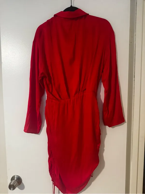 Zara Women’s Bright Red Long Sleeve Wrap-Style Mini Dress with Ruched Drawstring - Image 11
