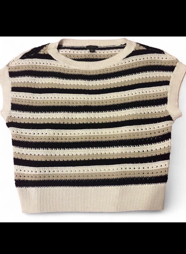 Ann Taylor Striped Crewneck Sweater in Black & Cream with Taupe Accents Sz M - Image 6