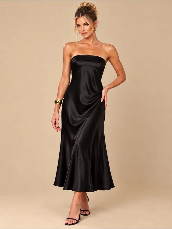 Renee C. Black Draped Satin Strapless Flowy Midi Dress Elegant Size Small Party - Image 9