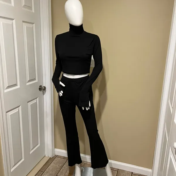 Knit Two Pieces Set Crop Top Mock Neck Blouse High Waist Flare Pants High Rise - Image 2