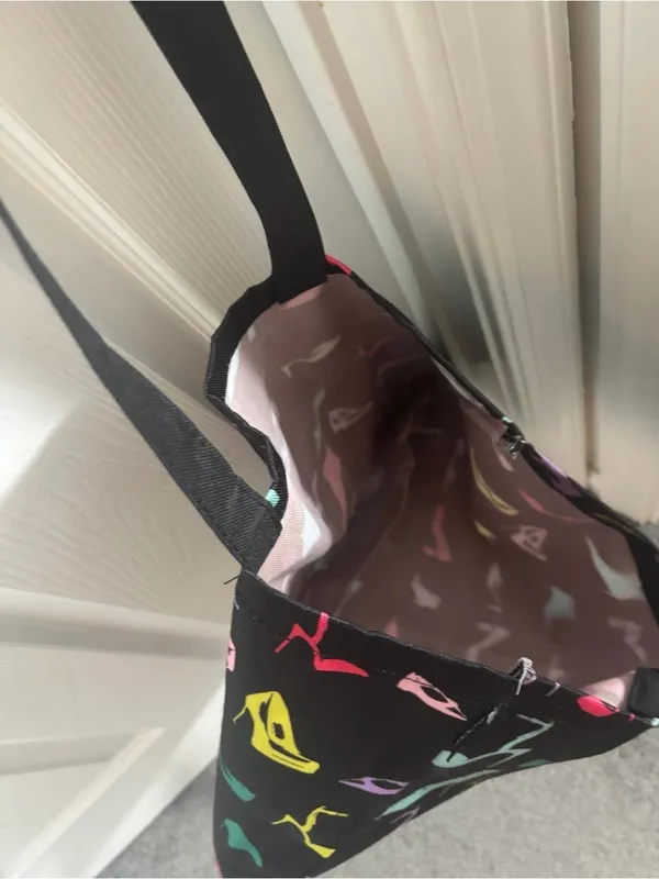 Macy’s Medium Reusable Canvas Tote Bag with Colorful Shoe Print - Black - Image 4
