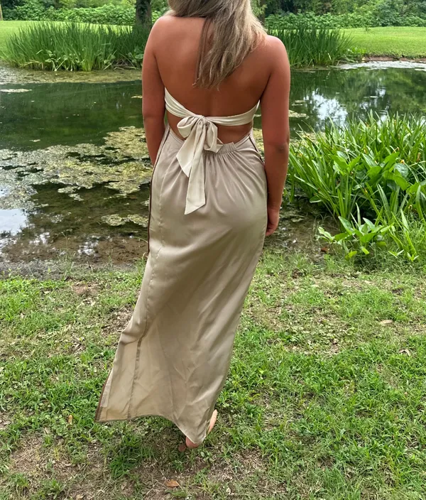 Halter Neck Maxi Dress Tan Size L - Image 2