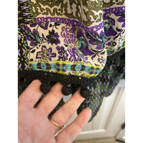 Women’s XL Purple Olive Patchwork Print Tunic Dress Ruffle Hem Tie Sleeves Boho - Image 6