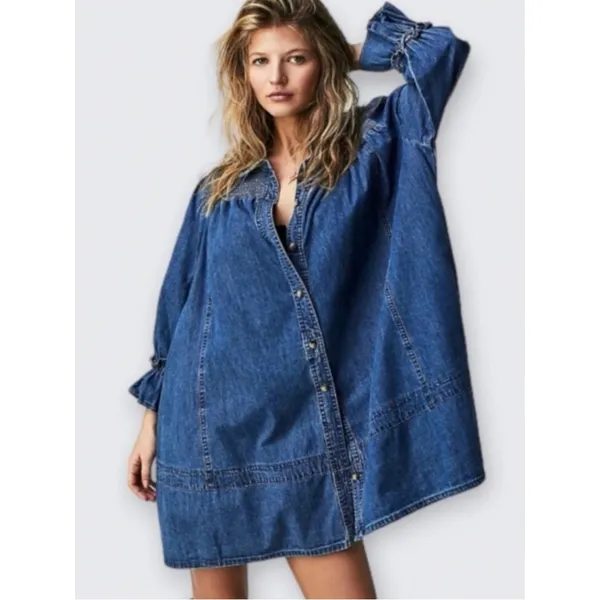 Free People Western Bohemian Vanessa Denim Tunic Top Shirt Dress Size Medium - Image 4