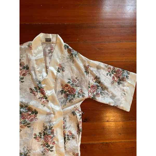 Vintage Kathryn Sheer Floral Lace Kimono Robe Duster Cover Up Satin Size Small - Image 10