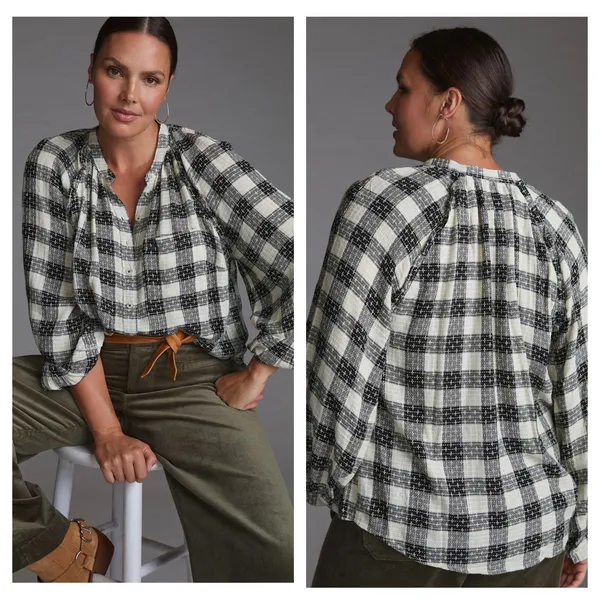Anthropologie Pilcro Breezy Plaid Buttondown Top XS Check Textured Grunge Emo - Image 13