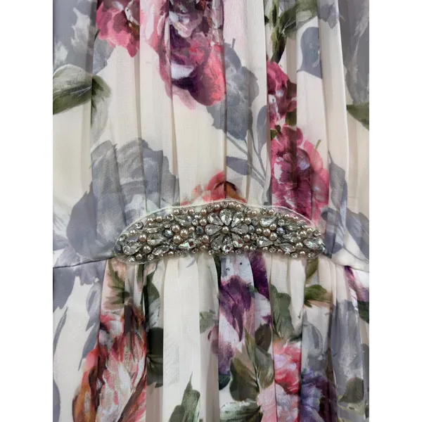 Floral High Low Halter Maxi Dress Rhinestone Waist Pink Purple Cream Sz 4 - Image 6