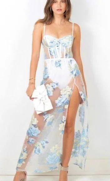 For Love & Lemons NWT Cody Organza Jacquard Maxi Dress in Icicle - Image 3