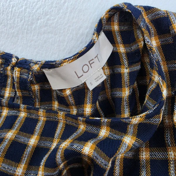 LOFT Navy Blue Mustard Yellow Plaid Long Sleeve Blouse Small‎ - Image 7