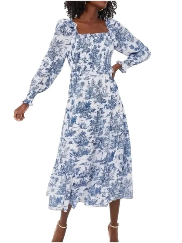 Hyacinth House Long Sleeve Georgina Midi Dress in Blue Toile XXSmall New Womens - Image 4