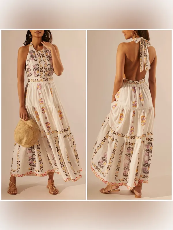 Anthropologie Medallion Halter Maxi Dress - ivory multi combo - 8 - $298 MSRP - Image 2