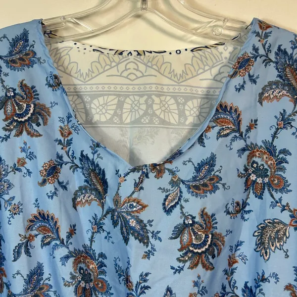 Blue Paisley Floral Bohemian Maxi Dress V-Neck Elastic Waist Short Sleeve - Image 5