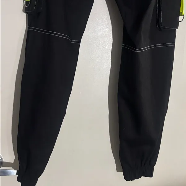 Black Contrast Stitch Neon Trim Cuffed Cargo Pants J - Image 15