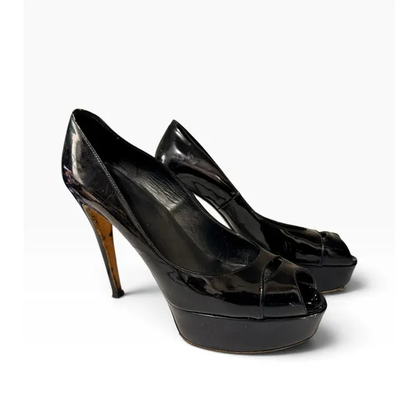 Stuart Weitzman Classic Black Patent Leather Peep Toe Platform Stiletto Size 9 - Image 2