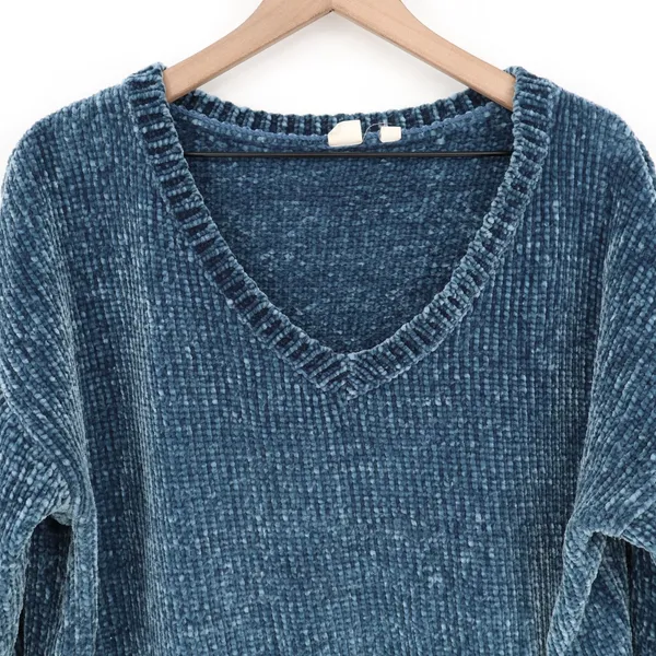Gap Sweater Women XL Blue Velvet Chenille Long Sleeve Super Soft V-Neck Pullover - Image 4