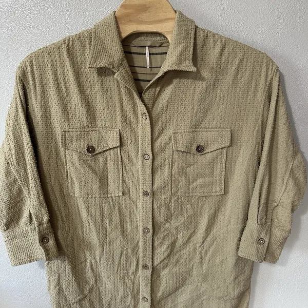 Free People Size Medium‎ Beige Button Up Tunic Shirt Midi Dress Textured Pockets - Image 2