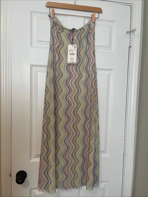 ZARA NWT Wavy Print Mesh Maxi Slip Dress in Pastel Greens and Pinks - Image 2