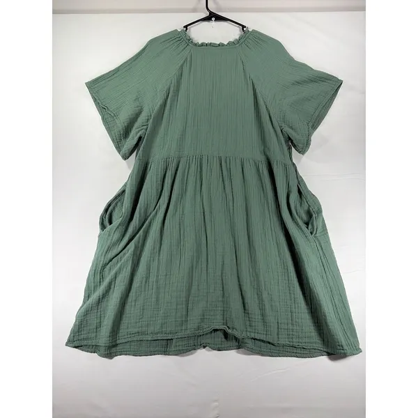 Old Navy Sage Green Gauze Babydoll Mini Dress XL V-Neck Short Sleeve Pockets - Image 10