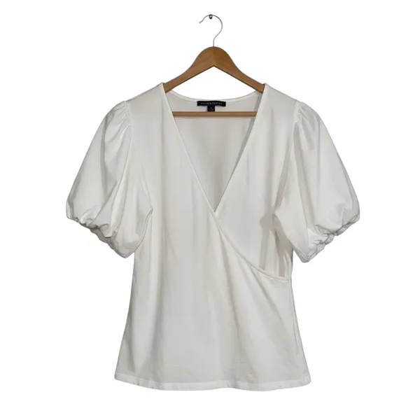 Boston Proper White Puff Sleeve Wrap Top‎ V-Neck Cotton Stretch 32310102 XL - Image 3