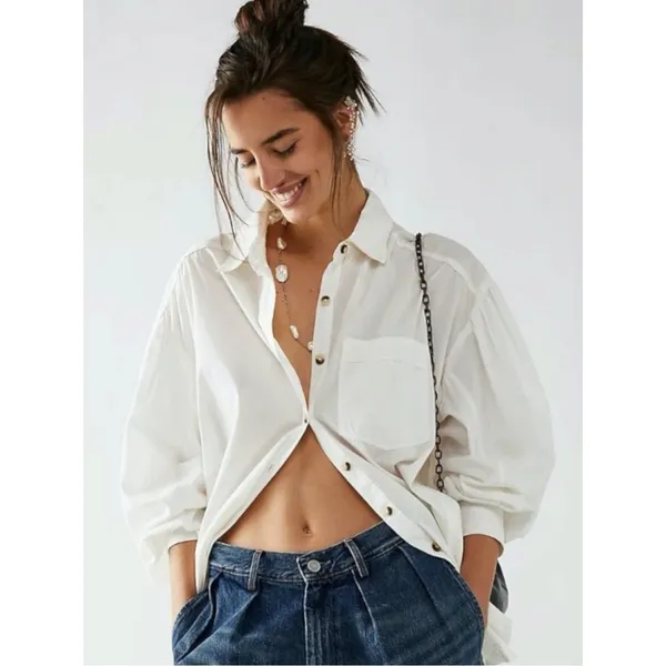 Free People Bohemian Preppy Oversized Happy Hour Solid Poplin Top White Medium - Image 3