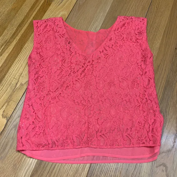 Express Blouse Womens Size Medium Pink Lace Overlay Sheer‎ Hem Tank Top Coral - Image 6
