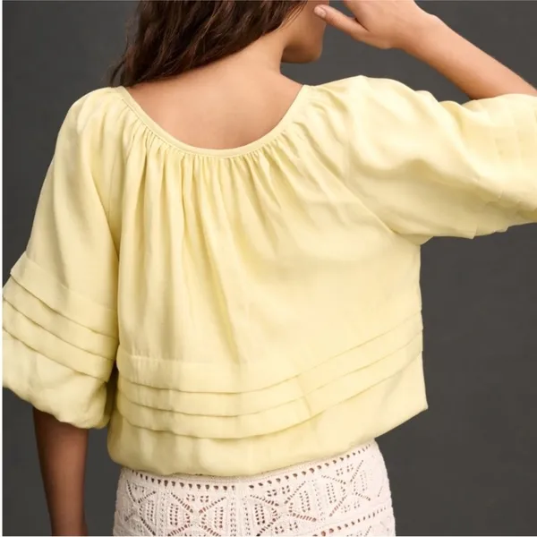 ANTHROPOLOGIE Maeve Short Sleeve Bubble Tiered Top Yellow Off The Shoulder Top L - Image 2