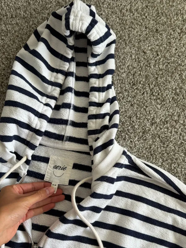 aerie Navy & White Striped Hooded Crop Sweater Coastal Nautical - Image 5