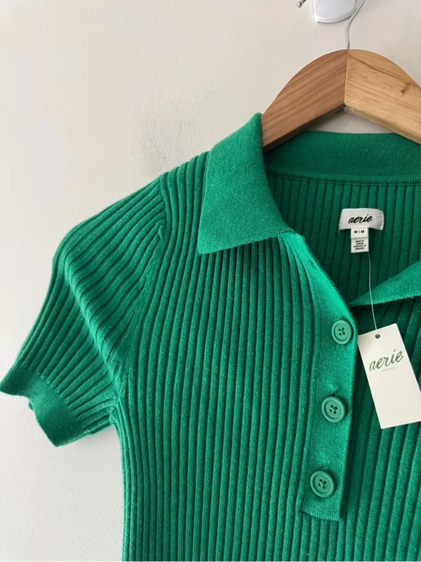 NEW!! Aerie‎ Green Ribbed Cropped Sweater Polo Wool Blend - Image 3
