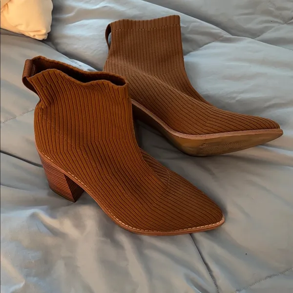 Steven cognac brown Nixie slip on 3.5” stack heeled sock Booties - Image 2
