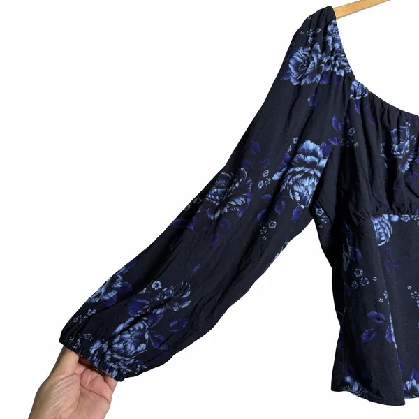 Old Navy Floral Babydoll Blouse XL Square Neck Blue Long Sleeve Cottagecore - Image 8