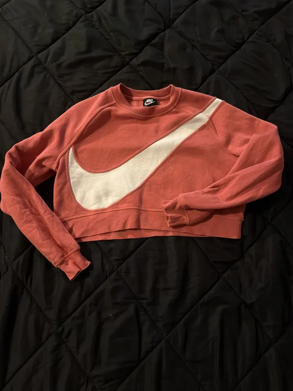 {NIKE} Women’s Coral Pink Cropped Big Swoosh Pullover Sweatshirt - Small - Image 2