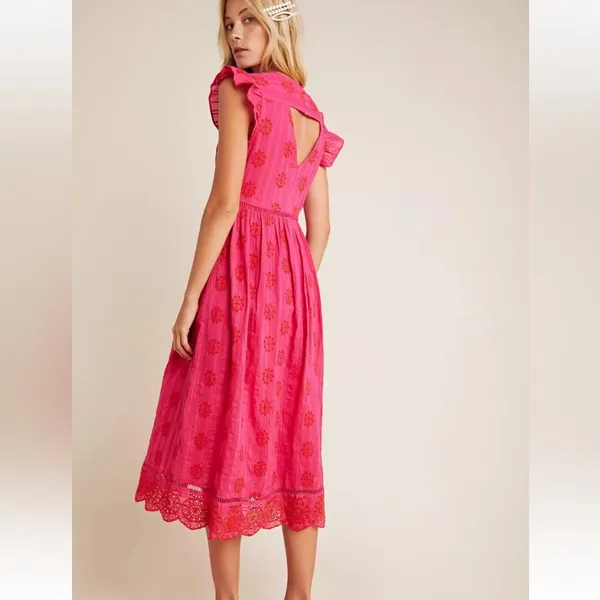 ANTHROPOLOGIE‎ NWT RANNA GIL Tomine Eyelet Midi Dress in Hot Pink size XS - Image 2