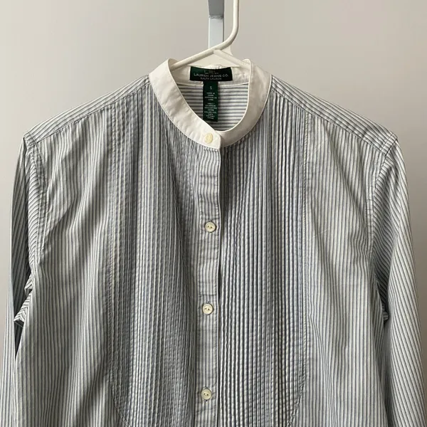 Lauren Ralph‎ Lauren Preppy S Blue Striped Button Tuxedo Bib Grandmillennial - Image 2