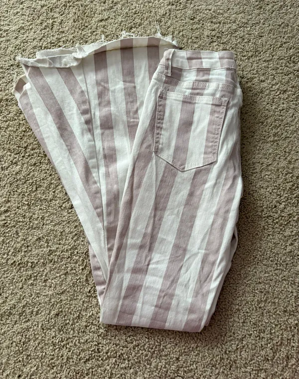 High Wasted Pink And White Striped Denim Boot Cut Jeans - Image 2
