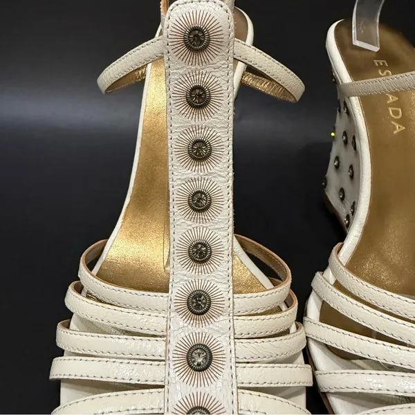 ESCADA Ivory White Leather Crystal Studded T-Strap Wedge Sandals Size 37 1/2 - Image 10