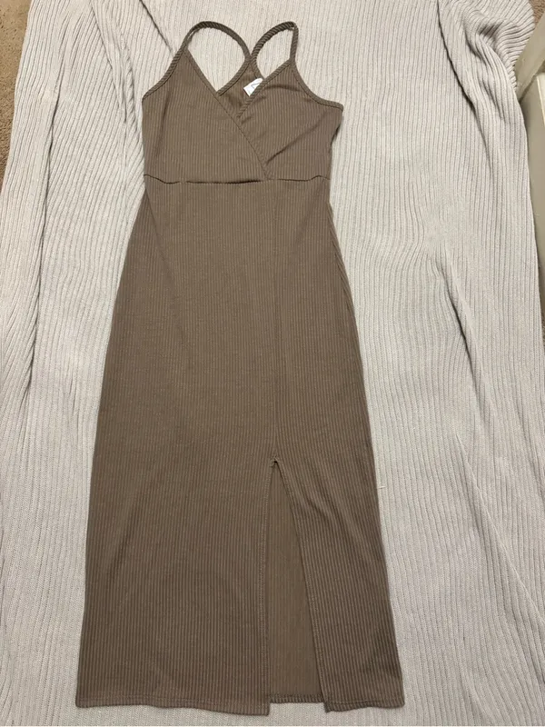 Ribbed Midi Dress in Brown - Image 3