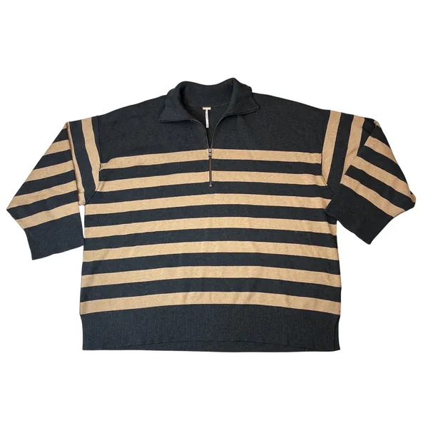 Free‎ People Womens Striped Quarter Zip Tunic Sweater Grey Tan Size M Oversized - Image 2