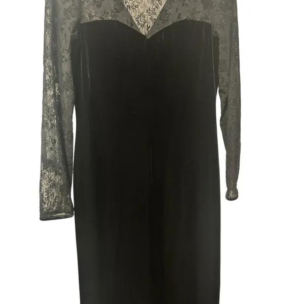 Vintage 90s Robbie Bee Black Velvet Maxi Dress Sheer Lace Gothic Glam Sz 10 - Image 3