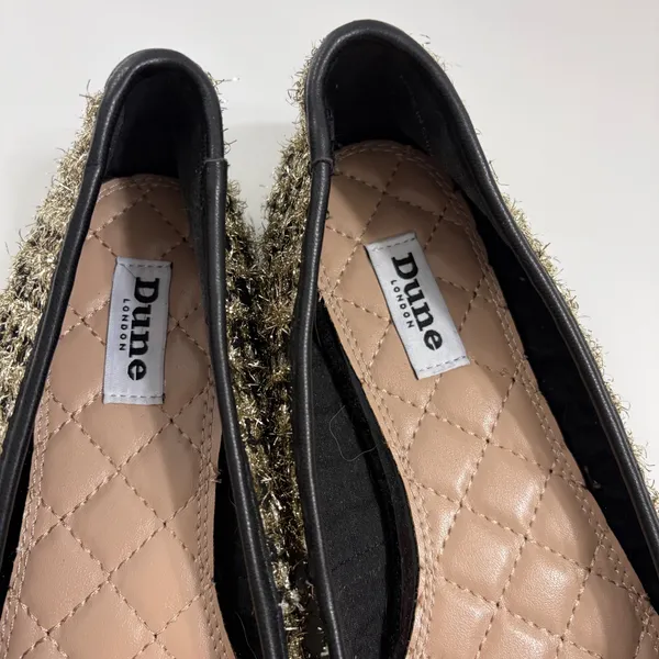 Dune London Hallo Ballet Flats 8 Black Gold Tweed Metallic Bow Logo Charm - Image 3