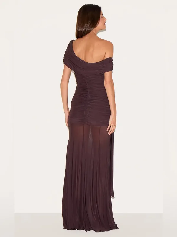 PrettyLittleThing BROWN LINED MESH BARDOT MAXI DRESS Sz 0 - Image 3